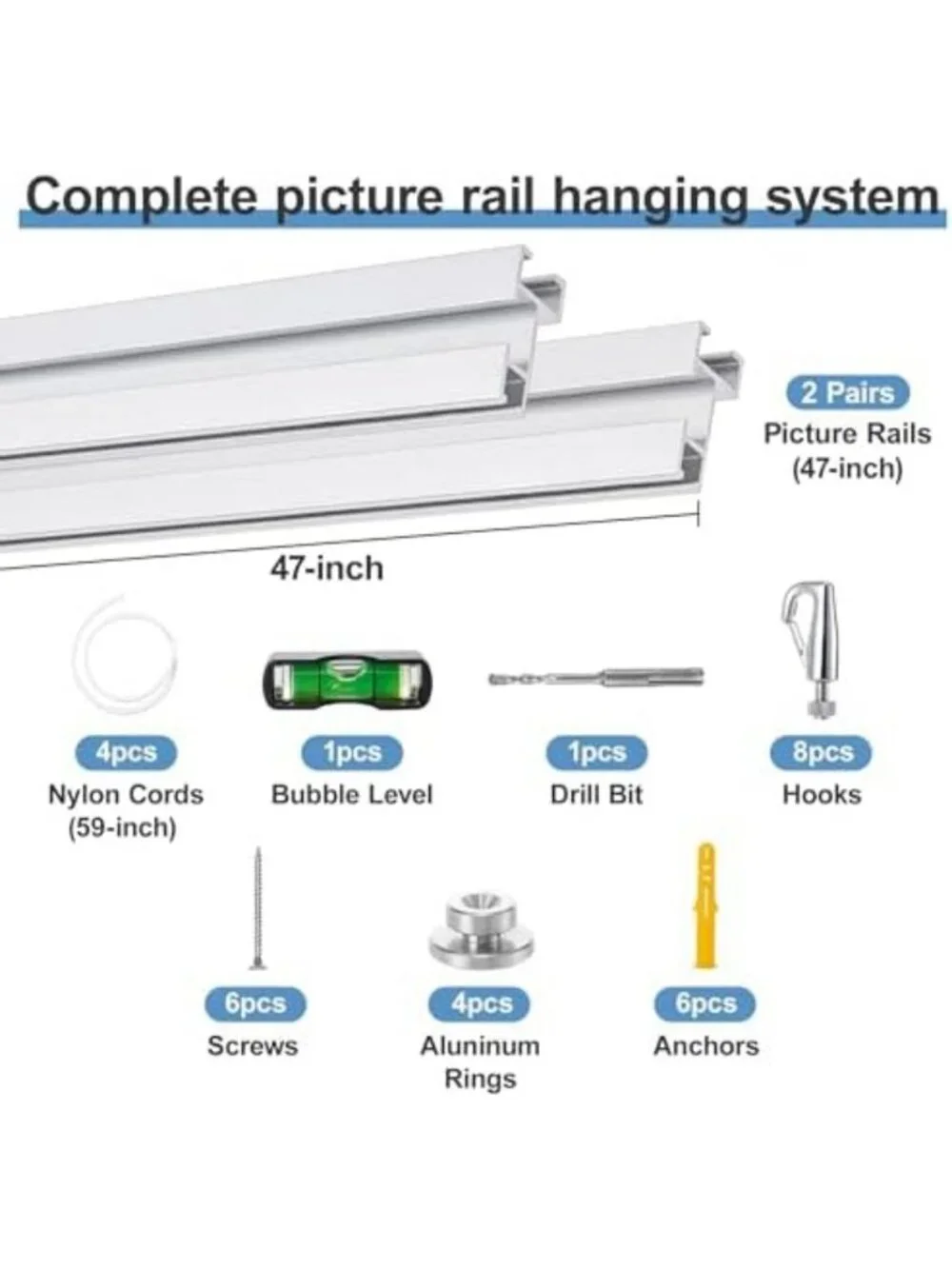 47 Inch Picture Rail Hanging System for Gallery, Studio, Home Decor & Art